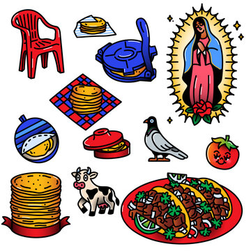 Mexican culture doodle illustrations set with tacos, tortillas, Virgen de Guadalupe and street food
