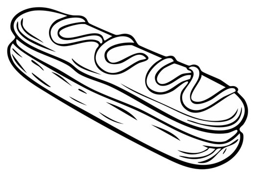 Line Drawing of a Delicious Chocolate Eclair Pastry with Cream Filling and Icing Swirls