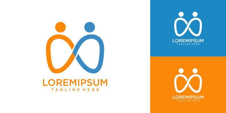Two stylized human figures form a logo on a business card with orange and blue colors.