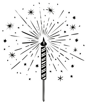 Sparkler candle bursts with star shapes and radiating lines on black background, celebratory design
