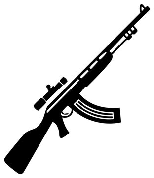 Vector silhouette of a rifle with scope and curved magazine, isolated on white background