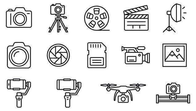 Set of professional photography and videography equipment icons illustrating modern media production gear for digital content creators and filmmakers alike