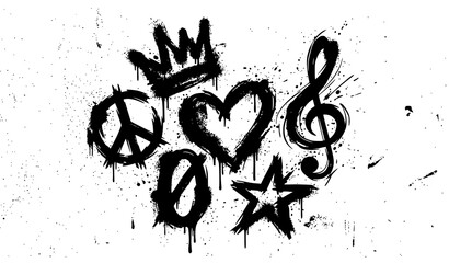 Graffiti symbol set – heart, crown, peace sign and star black and white street art © MstBabli