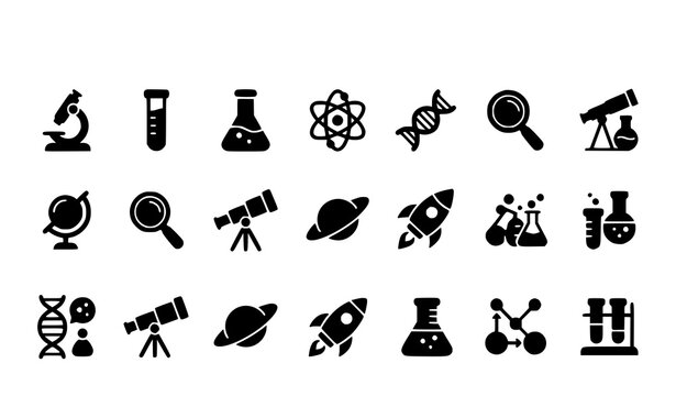 Science glyph icon set &ndash; research, astronomy and chemistry solid vector collection