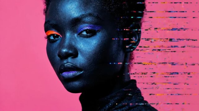 Futuristic Portrait of a Beautiful Black Woman with Digital Glitch Effect and Neon Makeup