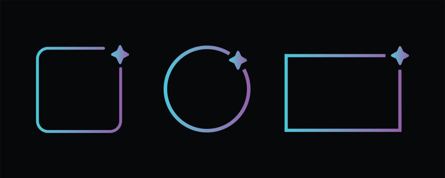 AI gradient rectangle and circle frame. Artificial intelligence neon border with star. Technology box with blue and pink gradient. Neural network bar. Vector illustration isolated on black background.