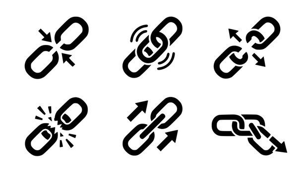 Link and chain action icons &ndash; connect, break and move silhouette vector set