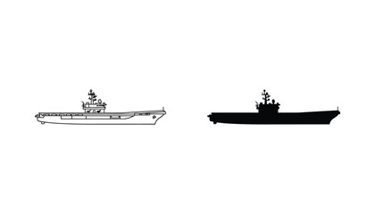 Aircraft carrier warship silhouette and outline vector illustration for military maritime design elements © Purely