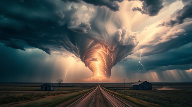 Massive Tornado Under Supercell Thunderstorm Over Rural Plains With Lightning and Dramatic Storm Clouds