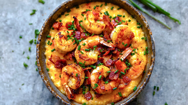 Creamy shrimp and grits topped with crispy bacon bits and fresh chives. Served in a rustic bowl on a stone surface. High-resolution, vibrant gourmet food photography. Perfect for culinary use.