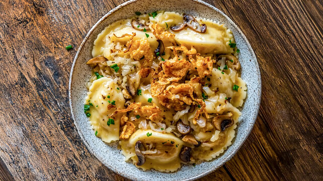 Homemade pierogi or dumplings topped with saut&eacute;ed mushrooms, caramelized onions, and crispy fried shallots. Served in a speckled bowl on a rustic wood background. Professional food photography.