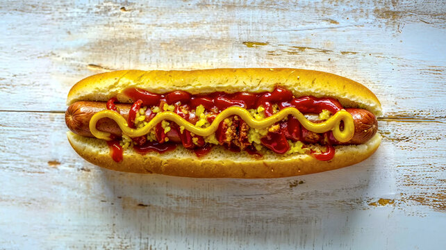 Classic grilled hot dog in a toasted bun, topped with a swirl of yellow mustard, ketchup, and relish. High-angle shot on a rustic white wood background. Clean, vibrant professional food photography.