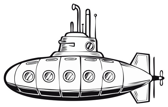 Stylized black and white illustration of a classic submarine with periscope and propeller