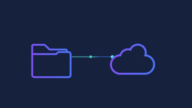 Animated motion graphics showing two digital cloud icons connected by pulsing dots. Concept of cloud computing synchronization, data transfer, and server networking on a dark blue background.