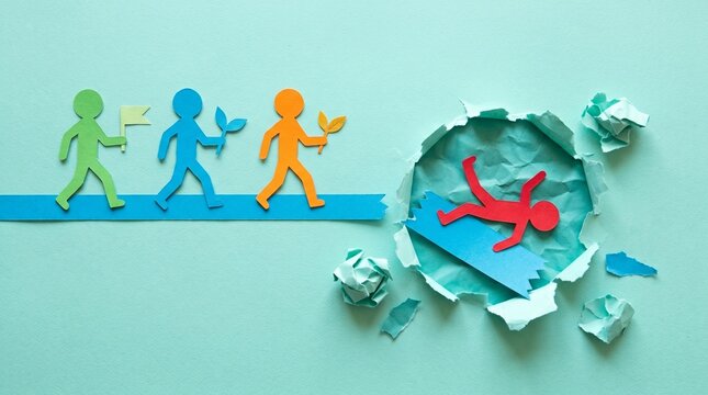 Paper figures march steadily toward a sudden, jagged rupture where a red figure has plummeted. The mint backdrop contrasts with the visceral, crumbling sense of unforeseen failure.