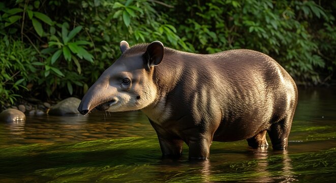 Malayan tapir in natural habitat water.