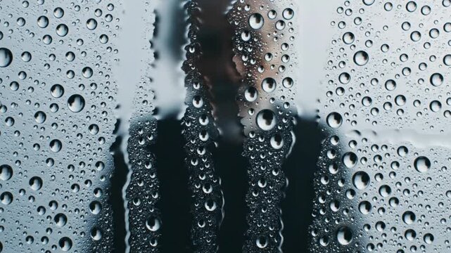 A lonely silhouette seen through a rain-streaked window, evoking feelings of melancholy and introspection on a gloomy day, abstract, sad