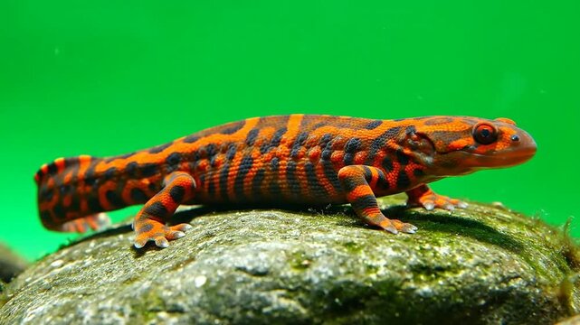 Vibrant Orange And Black-Striped Salamander Perched On Rock With Vivid Green Background In Natural Habitat