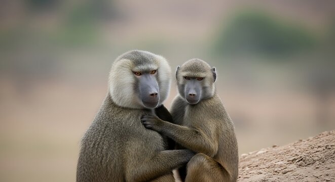Two monkeys sitting on rocky ground.