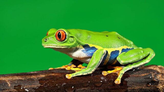 Vibrant Red-Eyed Tree Frog Close-Up On Branch With Solid Green Background Ideal For Nature And Wildlife Themes