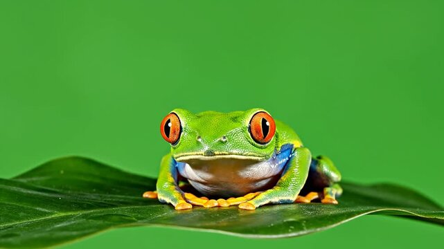 Vibrant Red-Eyed Tree Frog Resting on Leaf Against Smooth Green Background, Perfect for Nature and Wildlife Photography