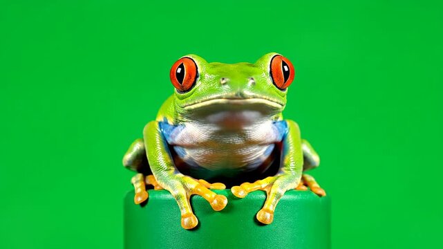 Vibrant Red-Eyed Tree Frog Sitting on a Green Cylinder Against Bright Green Background