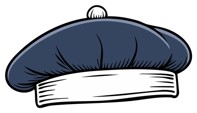 Stylized dark blue beret hat with a white band and a puff ball on top