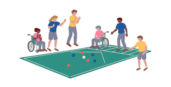 Hand-drawn vector illustration assets featuring diverse people enjoying boccia, wheelchairs, athletes, and world championships. ボッチャを楽しむ多様な人物、車椅子、選手、世界大会などの手書きのベクターイラスト素材