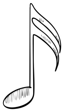 Hand drawn music note symbol representing rhythm and melody in black ink outline