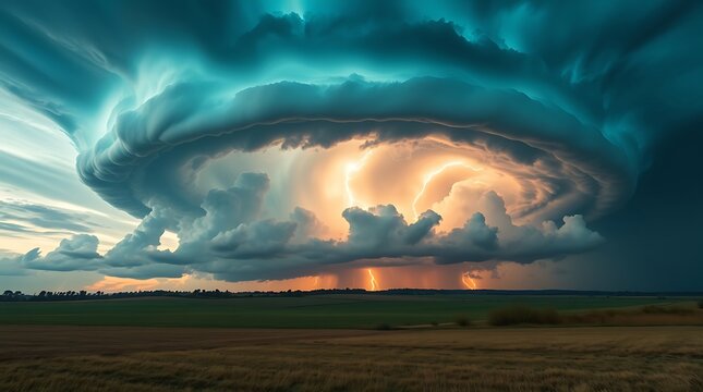 Rotating Mesocyclone Storm Cloud With Lightning in Dramatic Sky