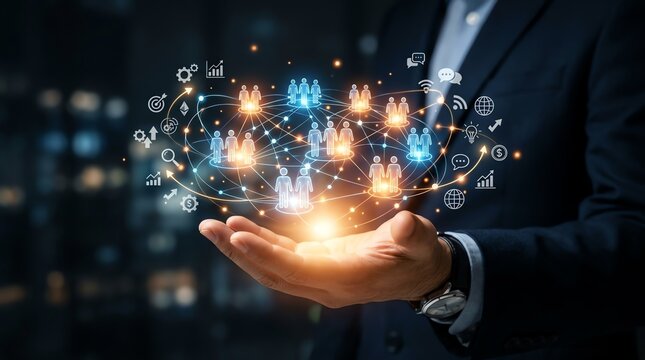 Innovative global network of connections and teams facilitated by a businessman's hand, showcasing digital business collaboration and growth
