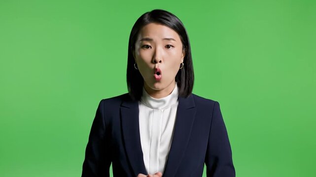 Professional Asian Businesswoman Speaking And Gesturing In Front Of Green Screen For Chroma Key Composite