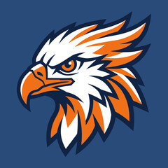 Fototapeta premium Bold and powerful eagle head illustration with striking orange, white, and blue colors, representing strength, freedom, and determination; ideal for sports teams, logos, or symbolic branding