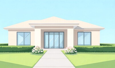 Fototapeta premium Elegant Modern Minimalist One Story Residential House with Path