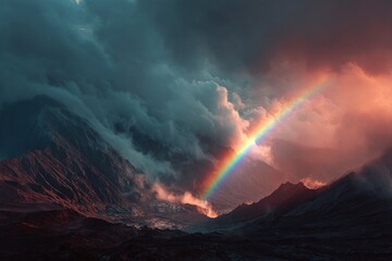 Fototapeta premium Dramatic Mountain Landscape with Vibrant Rainbow