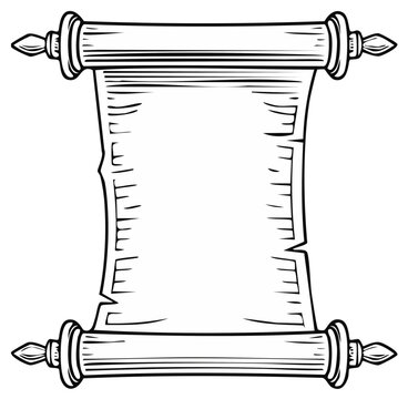 Blank parchment scroll illustration for message or map on wooden spools with decorative finials