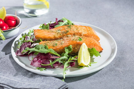 Salmon. Fried salmon steak with red radicchio cabbage, radish and arugula.
