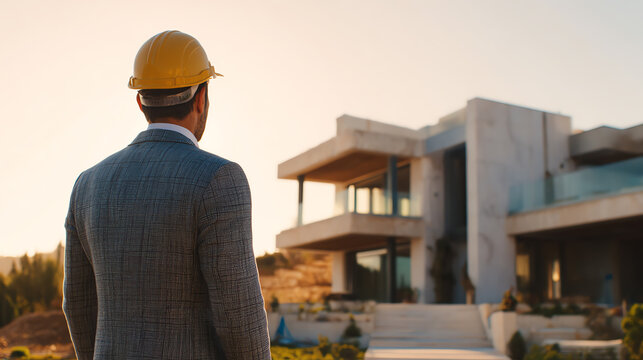 A man in a suit and hard hat standing before a modern construction, reflecting on its innovative design.