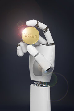 Robot hand holding a token coin on dark background. 3D illustration.