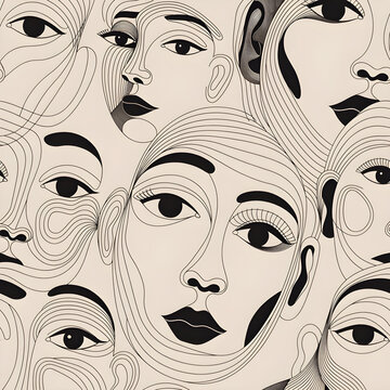 seamless pattern with abstract line art faces, thin elegant lines, neutral beige and black palette, minimal aesthetic, modern teen style