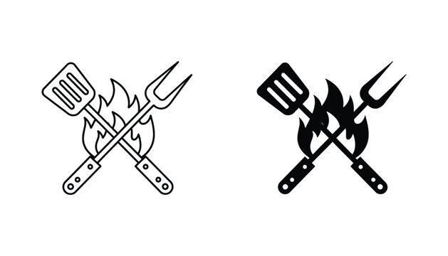 Barbecue spatula and grill fork crossed with fire flames icon set in minimalist black and white line art vector style for restaurant menu design and outdoor cooking branding elements or web graphics