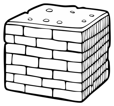 A stack of rectangular porous construction blocks forms a cube, black line drawing on white background in minimalist style
