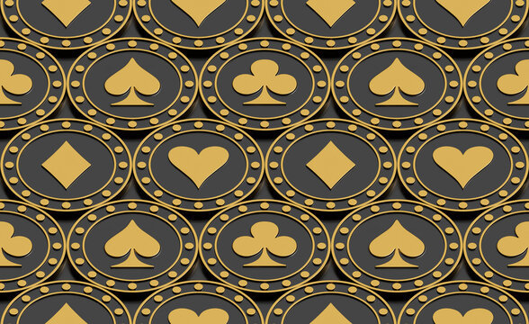 Isometric sealess pattern of golden poker chips. 3d illustration.