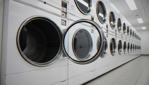 A long row of professional commercial laundry dryers in a clean laundromat with one door open.