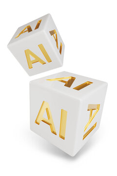 Two dice with golden AI text isolated on white background. Artificial intelligence concept. 3d illustration.