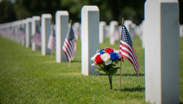 Rows of white marble gravestones in a military cemetery adorned with American flags and small flower bouquets, honoring fallen soldiers on a sunny day.