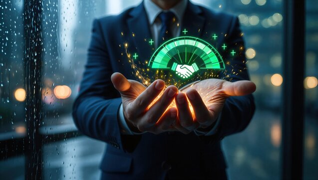 Businessman holding a digital partnership trust level meter with handshake icon. Concept of business collaboration, successful partnership, corporate trust, joint ventures, and mergers.