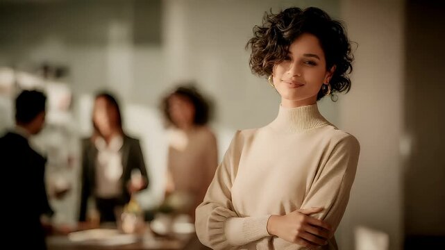 Female diversity. Human rights, equal opportunity concept. A portrait of a woman in a professional setting, captured in a side profile. She wears a beige turtleneck sweater and has voluminous.