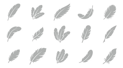 Fototapeta premium Collection of various feather icons in gray tones, representing lightness and softness.