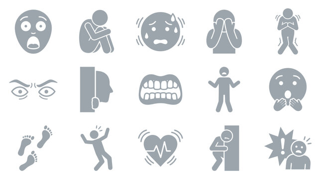 Set of icons representing various human emotions and psychological states like fear, anxiety, and stress.